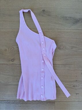 Zara Light Pink Ribbed One-Shoulder Camisole with Snap Detail
